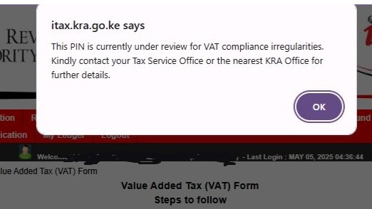 Screenshot of KRA iTax VAT Special Table error message