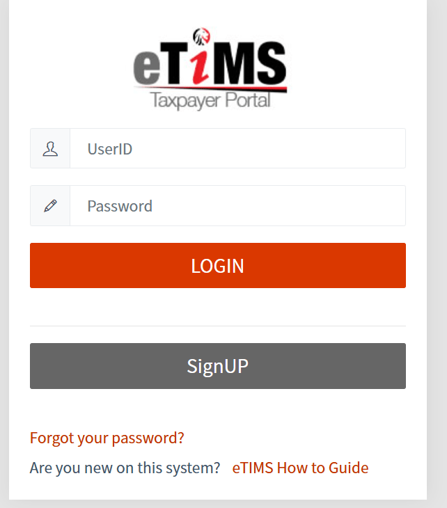 Screenshot of logging in to create an invoice using ETIMS in Kenya.