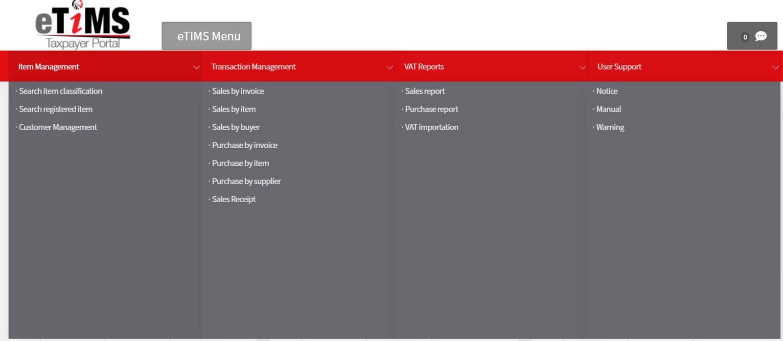 Screenshot of ETIMS dashboard showing how to access “Sales Receipt” when creating an invoice using ETIMS in Kenya