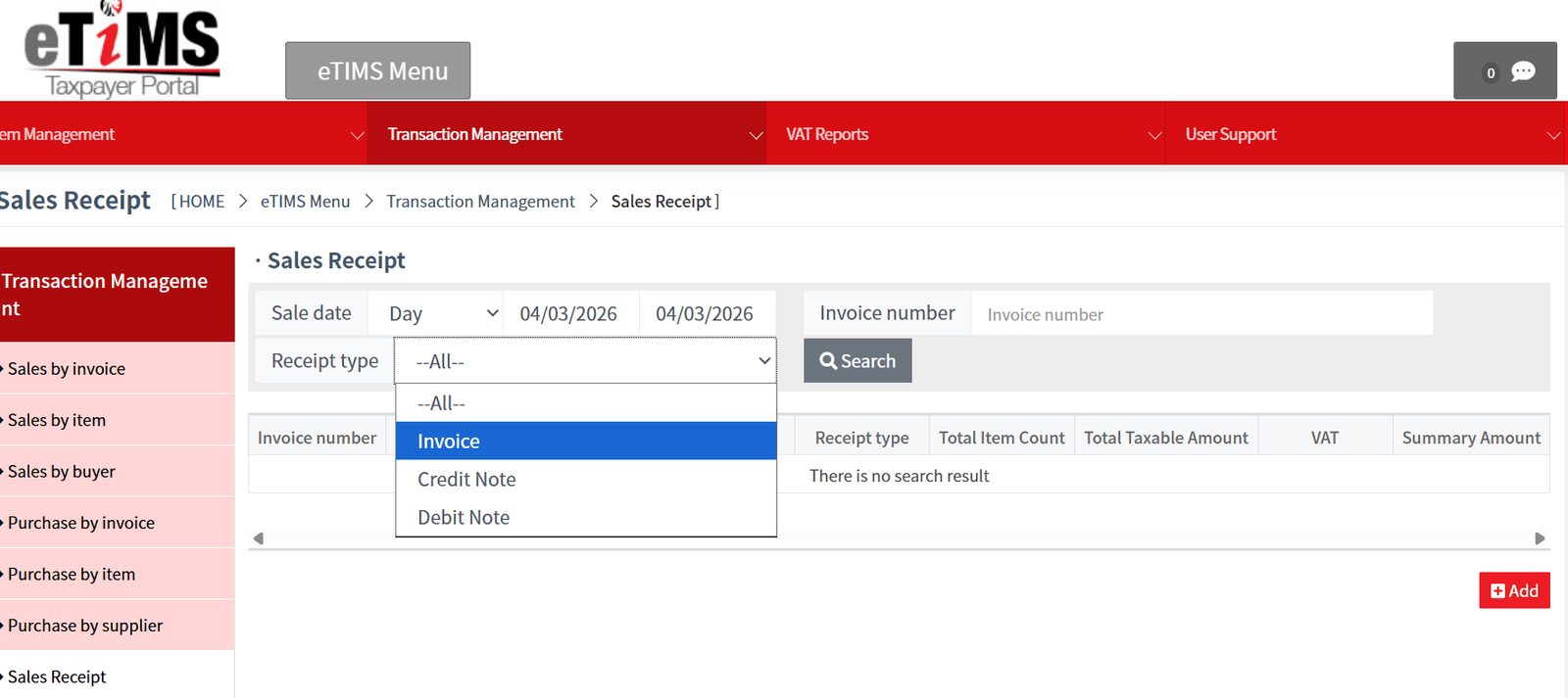 Screenshot of setting invoice date and type when creating an invoice using ETIMS in Kenya.